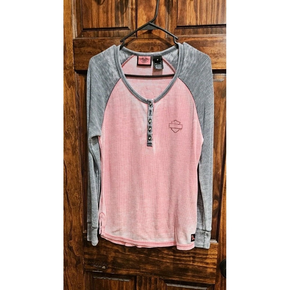 Harley Davidson Pink Label Waffle Knit Henley Medium Breast Cancer Awareness